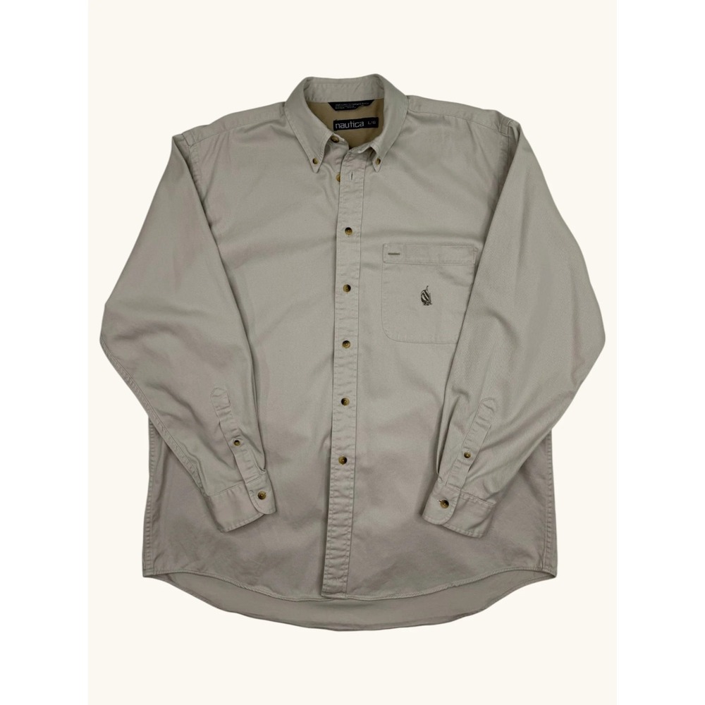 Nautica Mens Large Khaki Tan Cotton Twill Long Sleeve Button Down Shirt Logo L